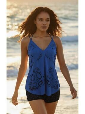 CYNTHIA STEFFE Women’s Ava Laser Cut Asymmetrical Tank/Cami in Tile Blue-Small